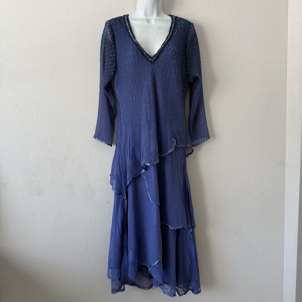 Komarov Blue Crinkle Chiffon Tiered Midi Dress Beaded V-Neck Boho Whimsigoth XL